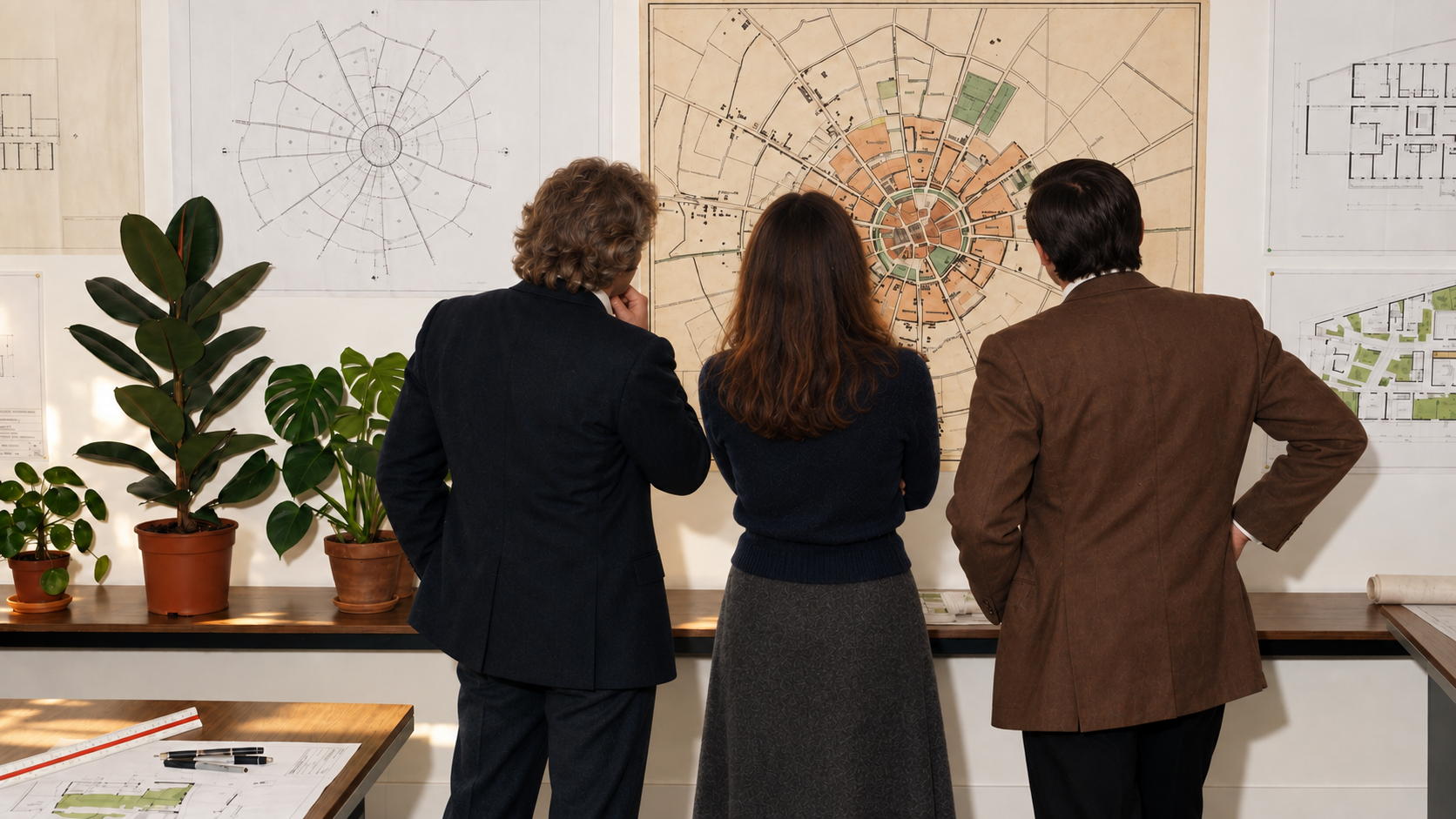 Trois collègues vus de dos devant des plans dans un bureau d’autrefois