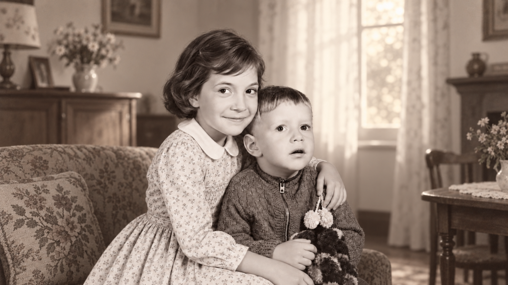 Une grande sœur et son petit frère réunis dans un salon d’autrefois
